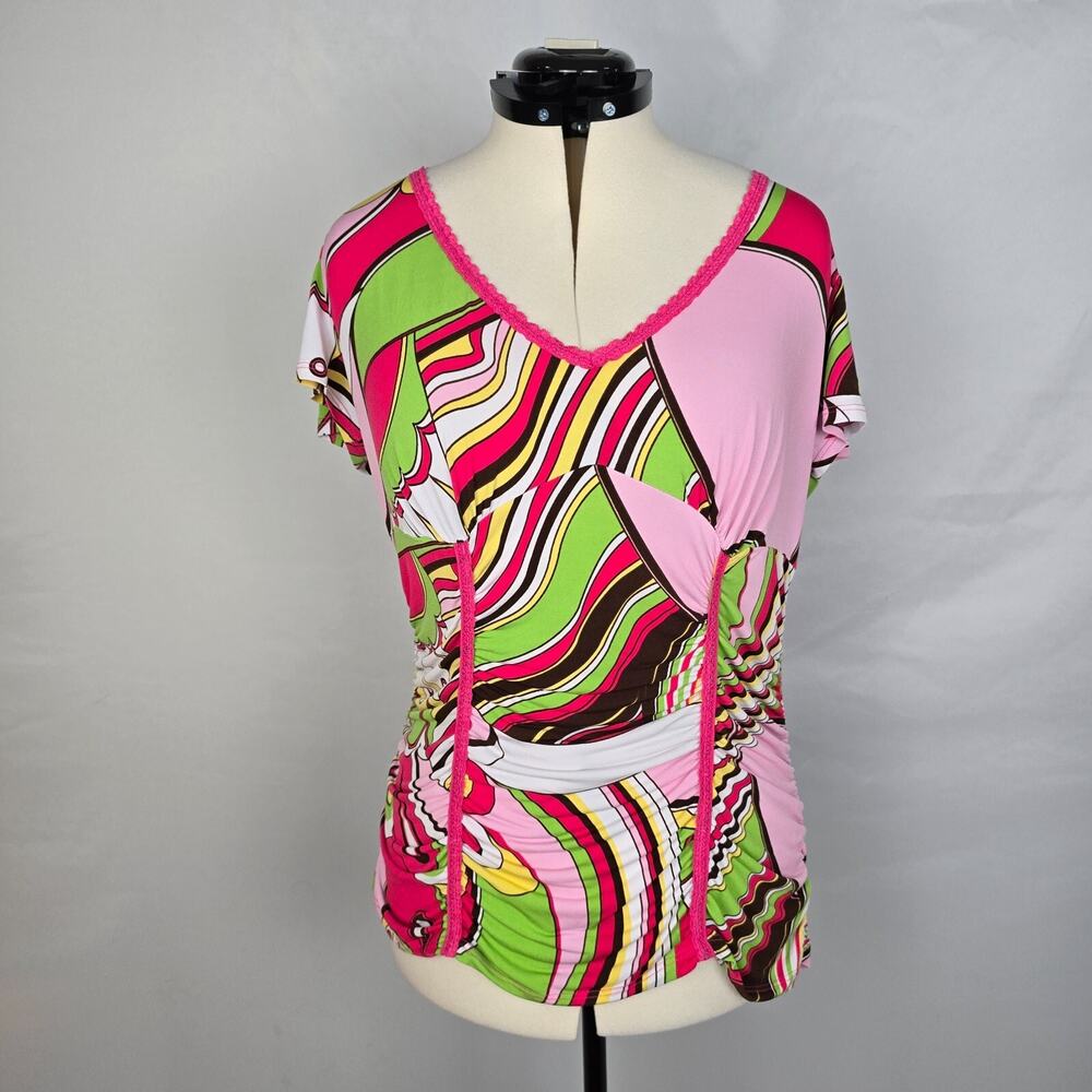 (P) by Sele Blouse Women's 2X Very Colorful Pink Green Short Sleeve V-Neck